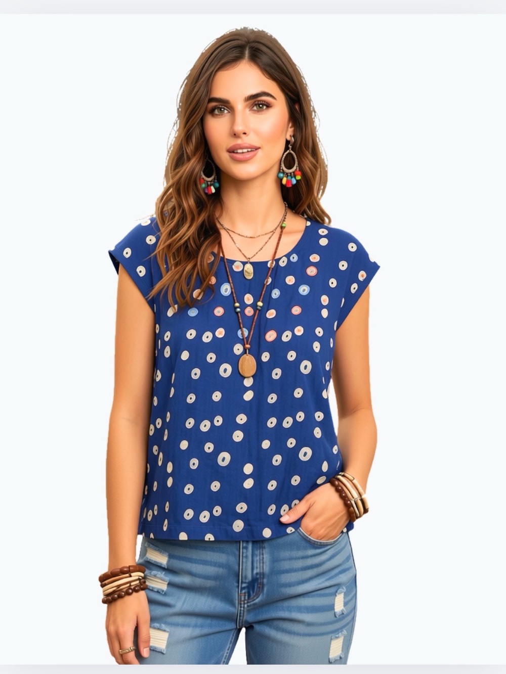 NWT! Marketplace Hand Embroidered Batik Polka Dot Linen Cap Sleeve Blouse - Blue